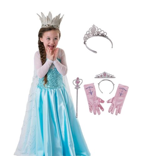Lot Reine Des Neiges Robe Elsa Avec Jolie Traine + 3 Nouveaux Accessoires Roses Diadème Baguette Gants Fleur Taille 2 À 12 Ans Déguisement Tenue Princesse Cosplay Beau Tissu Envoi Immédiat Black Sugar