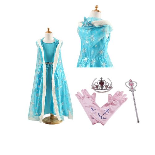 Ensemble Reine Des Neiges Elsa Robe Avec Gilet Long À Capuche Flocons + 3 Accessoires Roses Diadème Baguette Gants Taille 2 À 10 Ans Déguisement Princesse Cosplay Beau Tissu Black Sugar