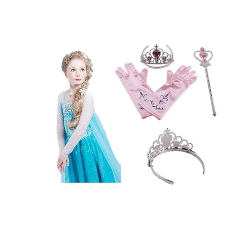 Lot Reine Des Neiges Robe Elsa Avec Jolie Traine + 3 Nouveaux Accessoires Roses Diadème Baguette Gants Fleur Taille 2 À 12 Ans Déguisement Tenue Princesse Cosplay Beau Tissu Envoi Immédiat Black Sugar