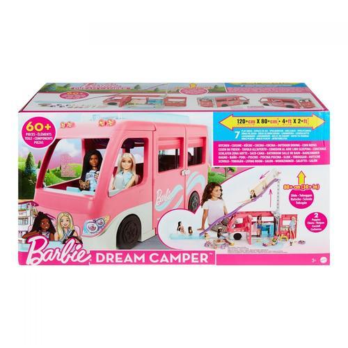 Barbie Dream Camper - Camping-Car Transformable - 7 Zones De Jeu - 60 Accessoires - Avec Toboggan, Piscine, Pick-Up, Bateau Pour Poupées - 76 Cm  Dès 3 Ans, Hcd46