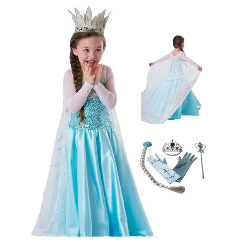 Tenue Reine Des Neiges Robe Elsa Avec Jolie Traine + 4 Nouveaux Accessoires Turquoises Diadème Baguette Gants Cheveux Taille 2 À 14 Ans Déguisement Lot Princesse Beau Tissu Envoi Immédiat Black Sugar
