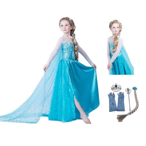 Lot Reine Des Neiges Robe Elsa Avec Jolie Traine + 4 Nouveaux Accessoires Bleus Diadème Baguette Gants Fleur Cheveux Taille 2 À 14 Ans Déguisement Tenue Princesse Beau Tissu Envoi Immédiat Black Sugar