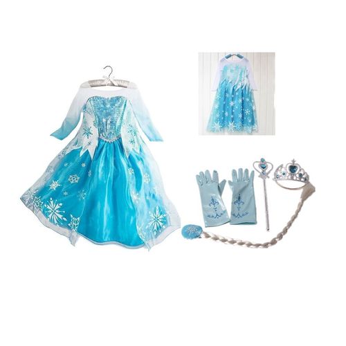 Tenue Reine Des Neiges Robe Elsa Avec Jolie Traine + 4 Nouveaux Accessoires Turquoises Diadème Baguette Gants Cheveux Taille 2 À 14 Ans Déguisement Lot Princesse Beau Tissu Envoi Immédiat Black Sugar