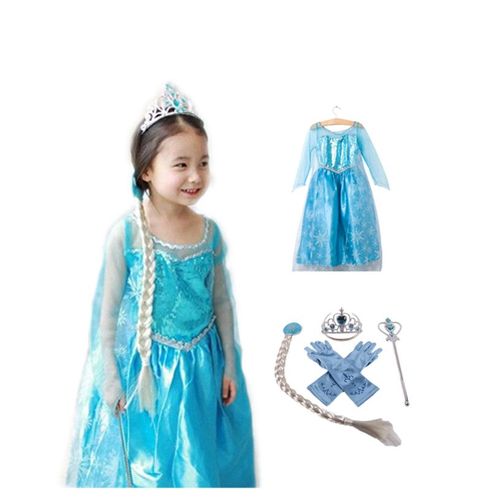 Lot Reine Des Neiges Robe Elsa Avec Jolie Traine + 4 Nouveaux Accessoires Bleus Diadème Baguette Gants Fleur Cheveux Taille 2 À 14 Ans Déguisement Tenue Princesse Beau Tissu Envoi Immédiat Black Sugar