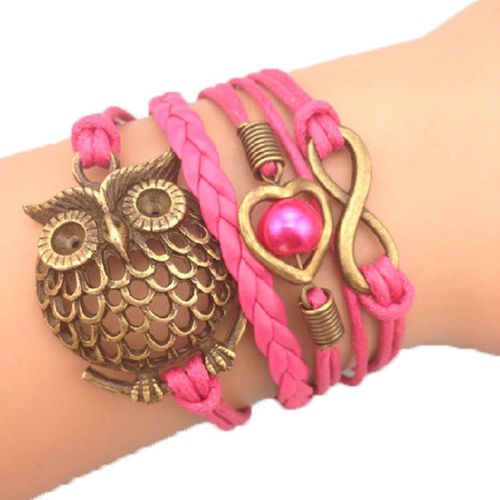 Bracelet Infinity Chouette C¿Ur Perle Rose Multibrin Karma Infini Bronze