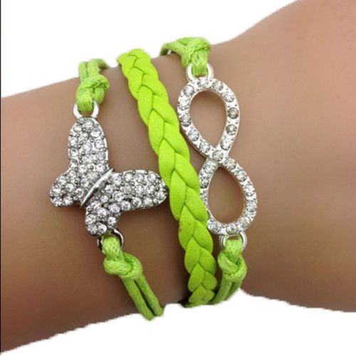 Bracelet Infinity Papillon Strass Brillants Infini Karma Vert Tendance Multibrins