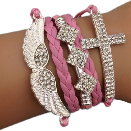 Bracelet Infini Strass Brillants Croix Rihanna Ailes Anges Rose Karma