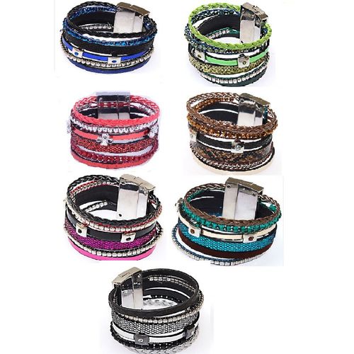 Lot De 2 Bracelets Strass Wrap Manchette Cuir Fermeture Magnétique Aimanté Style Brésilien - Multi Brins 6 Bandes