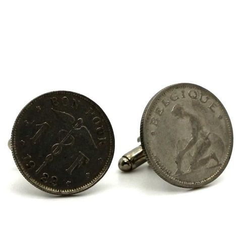 Boutons De Manchettes Pièce De Monnaie Authentique " Belgique  " 1 Franc