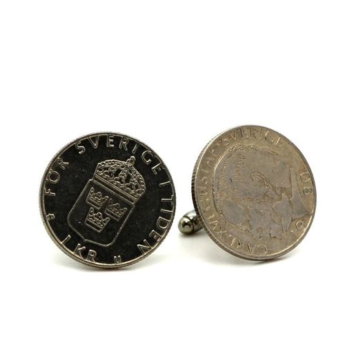 Boutons De Manchettes Pièce De Monnaie Authentique " Suède " 1 Krona Carl Xvi