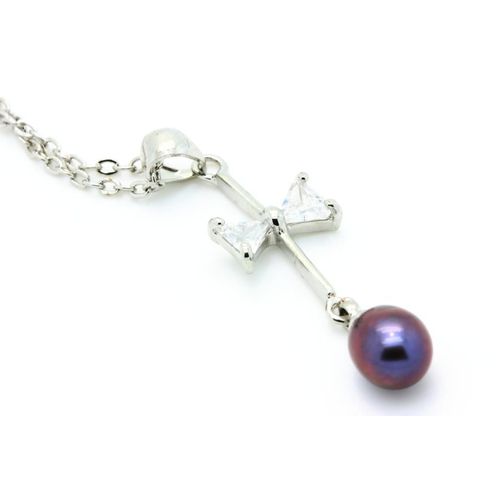 Pendentif Oxyde De Zirconium + Perle 6 Mm Plaqué Or Blanc 18 K + Chaine