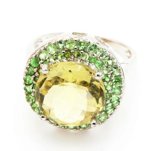 Bague Quartz Jaune & Grenat Tsavorite  . Argent 925