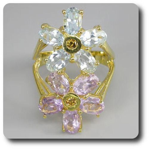 Bague Aigue-Marine Amethyste Diamant  Argent 925 + Plaqué Or