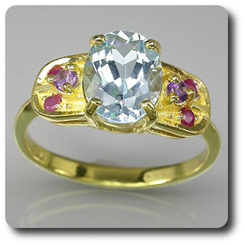 Bague Topaze Rubis & Amethyste   Argent 925 + Plaqué Or Jaune