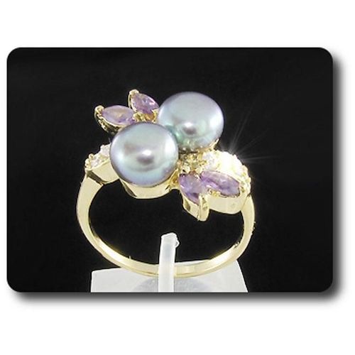 Bague Perle & Oxyde De Zirconium   2x8 Mm Plaqué Or 18 K