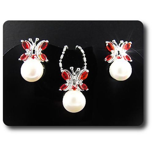 Parure Perle & Oxyde De Zirconium   3x9 Mm Plaqué Or Blanc 18 K