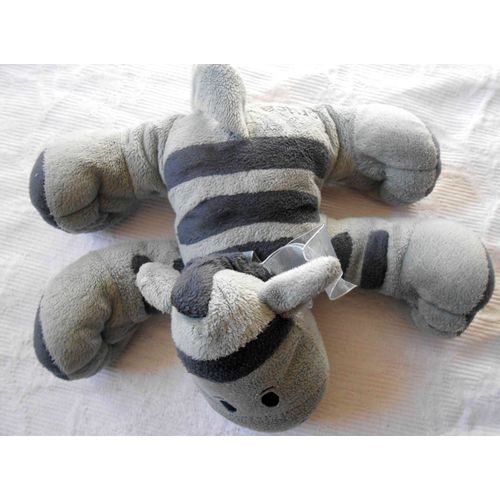  Peluche Doudou Âne Cheval Zebre Gris Bleu Rayé Corsica Noeud Ruban Brillant 19 Cm De Haut Assis
