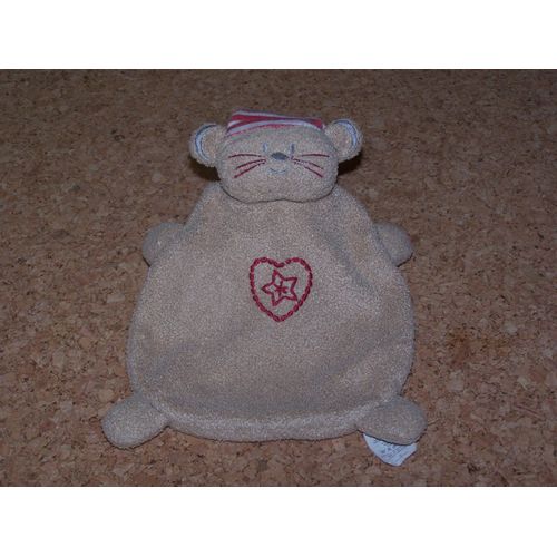 Doudou Plat Chat Absorba Beige Bonnet Raye Rouge Blanc