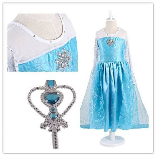 1 Baguette Bleue + Robe Elsa Reine Des Neiges Nouveau Lot Taille 2 À 14 Ans Bonne Qualité Tenue Princesse Cosplay Déguisement Kawai Cute Envoi Immédiat Boutique Black Sugar