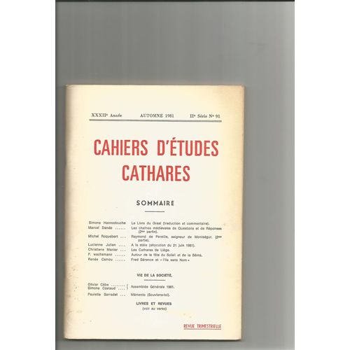 Cahiers D'etudes Cathares  N° 91 : Automne 1981