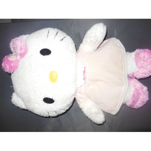 Doudou Peluche Hello Kitty Range Pyjama Robe Rayures Verticales Rose Et Blanc Sanrio 44 Cm