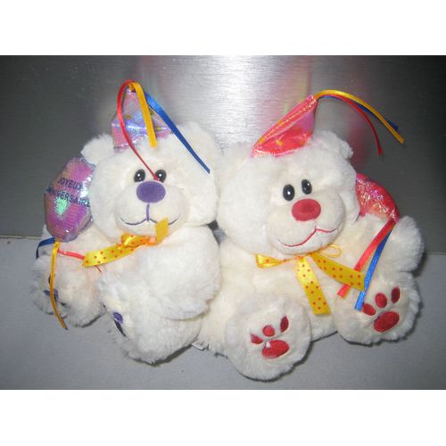 Lot De 2 Peluches Doudous Ours Joyeux Anniversaire Rouge Et Violet Cmp 21 Cm