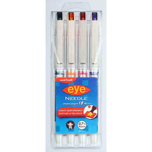 Uni-Ball Etui De 4 Rollers Encre Liquide Eye Ub187s/4 Pte Aiguille Moy. 0,7mm Assorti