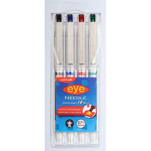 Uni-Ball Etui De 4 Rollers Encre Liquide Eye Ub187s/4 Pte Aiguille Moy. 0,7mm Assorti