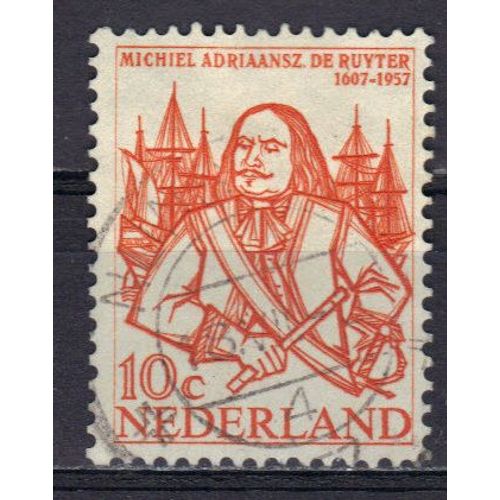 Pays-Bas 1957 : 350è Anniversaire De La Naissance De L'amiral M.A. De Ruyter : Portrait De L'amiral - Timbre 10 C. Rouge-Orange Oblitéré