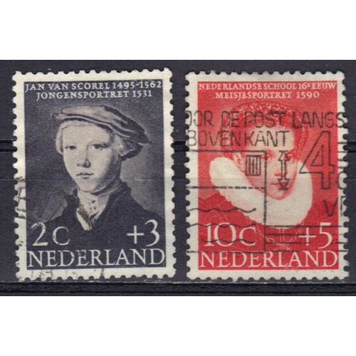 Pays-Bas 1956 : Au Profit Des Oeuvres Pour L'enfance : Portrait D'un Garçon, Par Jan Van Scorel (1531) / Portrait D'une Fillette (1590) - Série De 2 Timbres Oblitérés