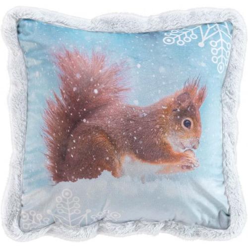 Coussin Avec Imprimé Ecureuil En Velours Et Imitation Fourrure - Bleu - 40 X 40 Cm