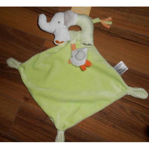 Doudou Peluche Eléphant Vetir Gemo Plat Losange Vert Rayé Vert Blanc Oiseau Attaché
