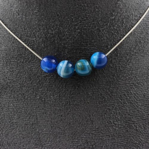 Collier 4 Perles Agate Rubanée Bleu 8 Mm Chaine En Acier Inoxydable.