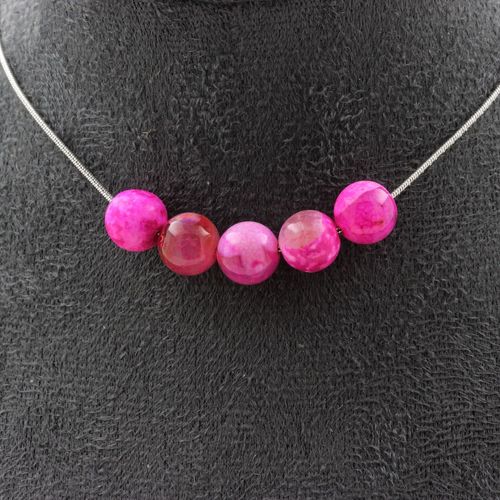 Collier 5 Perles Agate Craquelé Fuchsia 8 Mm. Chaine En Acier Collier Femmes, Hommes. Taille Personnalisable.