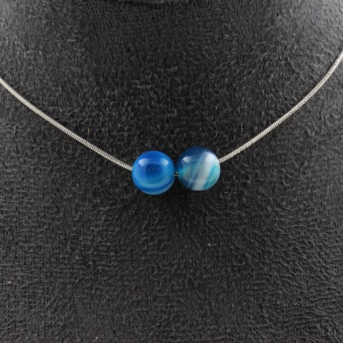 Collier 2 Perles Agate Rubanée Bleu 8 Mm Chaine En Acier Inoxydable.