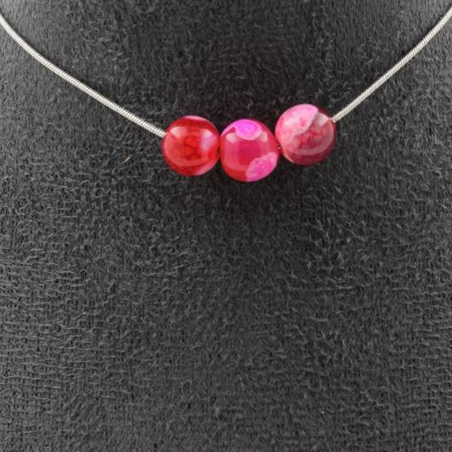 Collier 3 Perles Agate Craquelé Rouge 8 Mm Chaine En Acier Inoxydable.