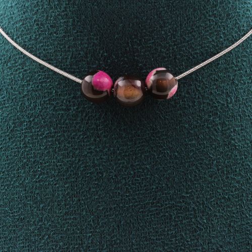 Collier 3 Perles Agate Fuchsia Et Marron 8 Mm. Chaine En Acier Collier Femmes, Hommes. Taille Personnalisable.