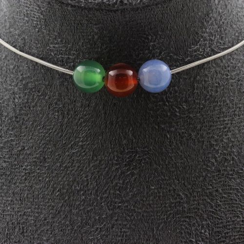 Collier 3 Perles Agate Multicolore 8 Mm. Chaine En Acier Inoxydable Collier Femmes, Hommes. Taille Personnalisable.
