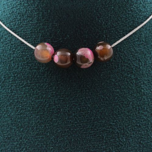 Collier 4 Perles Agate Fuchsia Et Marron 8 Mm. Chaine En Acier Collier Femmes, Hommes. Taille Personnalisable.