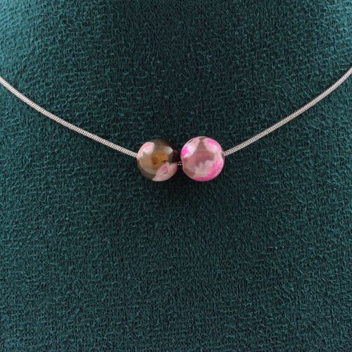 Collier 2 Perles Agate Fuchsia Et Marron 8 Mm. Chaine En Acier Collier Femmes, Hommes. Taille Personnalisable.