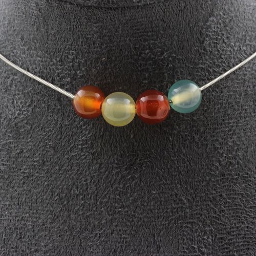 Collier 4 Perles Agate Multicolore 8 Mm. Chaine En Acier Inoxydable Collier Femmes, Hommes. Taille Personnalisable.