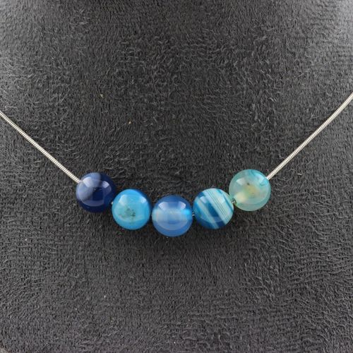 Collier 5 Perles Agate Rubanée Bleu 8 Mm Chaine En Acier Inoxydable.