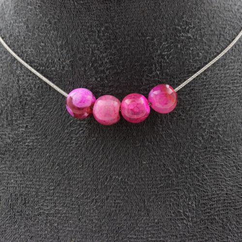 Collier 4 Perles Agate Craquelé Fuchsia 8 Mm. Chaine En Acier Collier Femmes, Hommes. Taille Personnalisable.