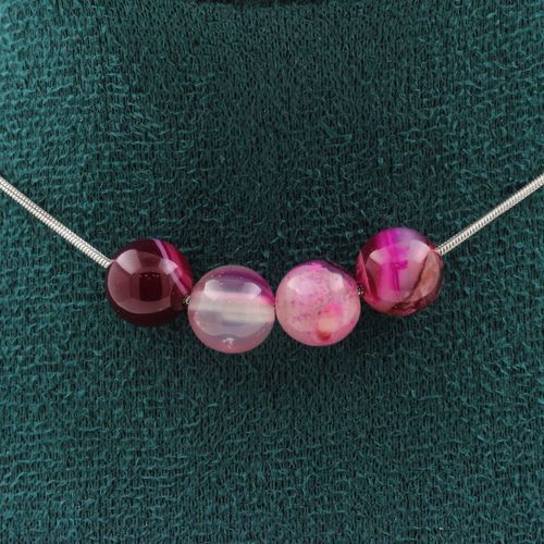 Collier 4 Perles Agate Rubanée Rose 8 Mm. Chaine En Acier Inoxydable Collier Femmes, Hommes. Taille Personnalisable.