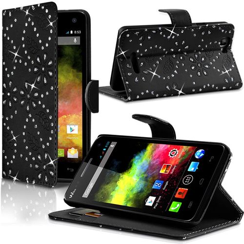 Housse Coque Etui Portefeuille Fonction Support Style Diamant Couleur Noir Pour Wiko Rainbow + Film De Protection