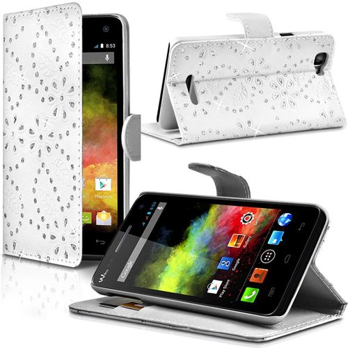 Housse Coque Etui Portefeuille Fonction Support Style Diamant Couleur Blanc Pour Wiko Rainbow + Film De Protection