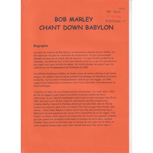 Bob Marley Biographie Radio "Chant Down Babylon" Janv 2000  9 Feuillets