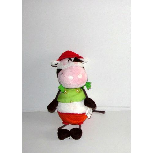 Peluche Doudou Vache Blanche Et Marron Carre Blanc Chapeau Rouge Maillot Vert Culotte Orange