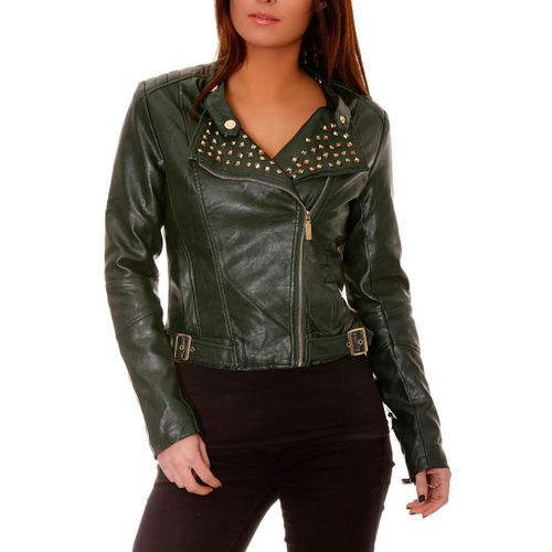 Blouson Perfecto Vert Foncé Clouté Doré - T38