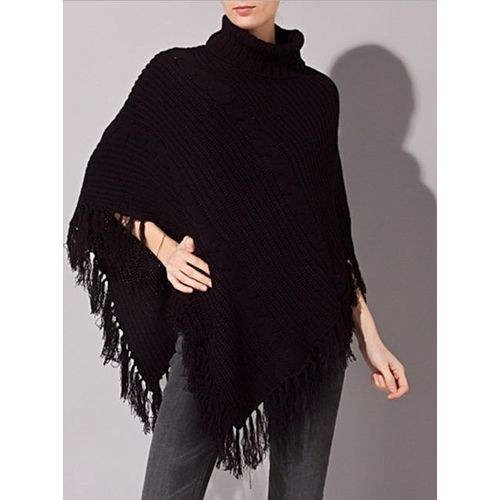Choklate Poncho Noir Frangé À Col Roulé